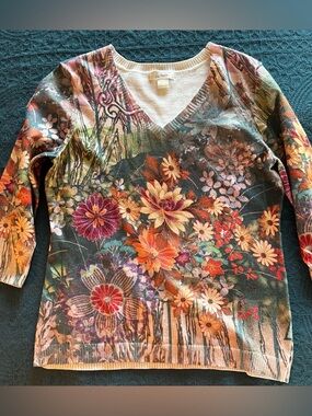 Christopher & Banks Multi Color Floral Cottagecore V-Neck Knit Sweater-L